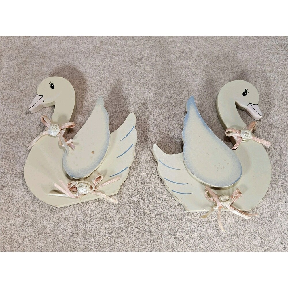 Vintage Wooden Country Goose Figurines Pair Folk Art Decor Cottagecore Grannycor